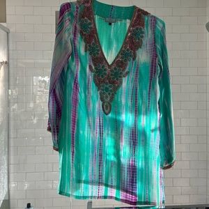 Taj by Sabrina Crippa Mint Tie Dye Embellished Tunic Top
